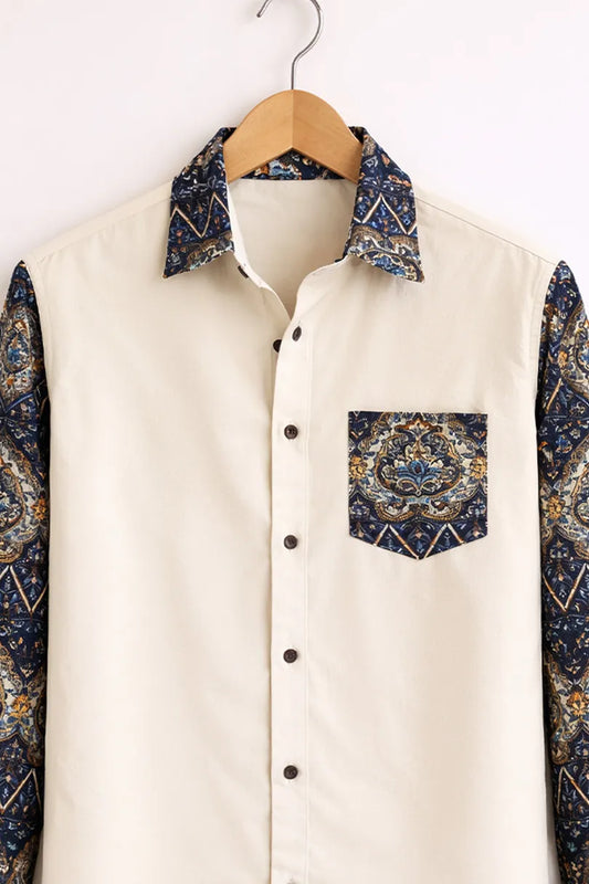 Buy HarbourStreets Luxury Cream Paisley Contrast Sleeve kanpur Style Shirt Online