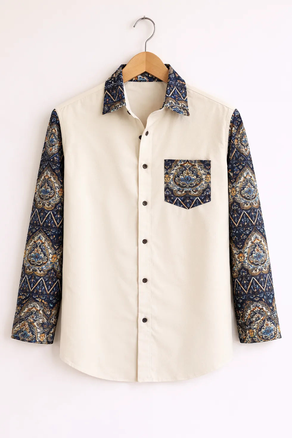 Buy HarbourStreets Luxury Cream Paisley Contrast Sleeve kanpur Style Shirt Online