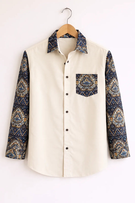 Buy HarbourStreets Luxury Cream Paisley Contrast Sleeve kanpur Style Shirt Online