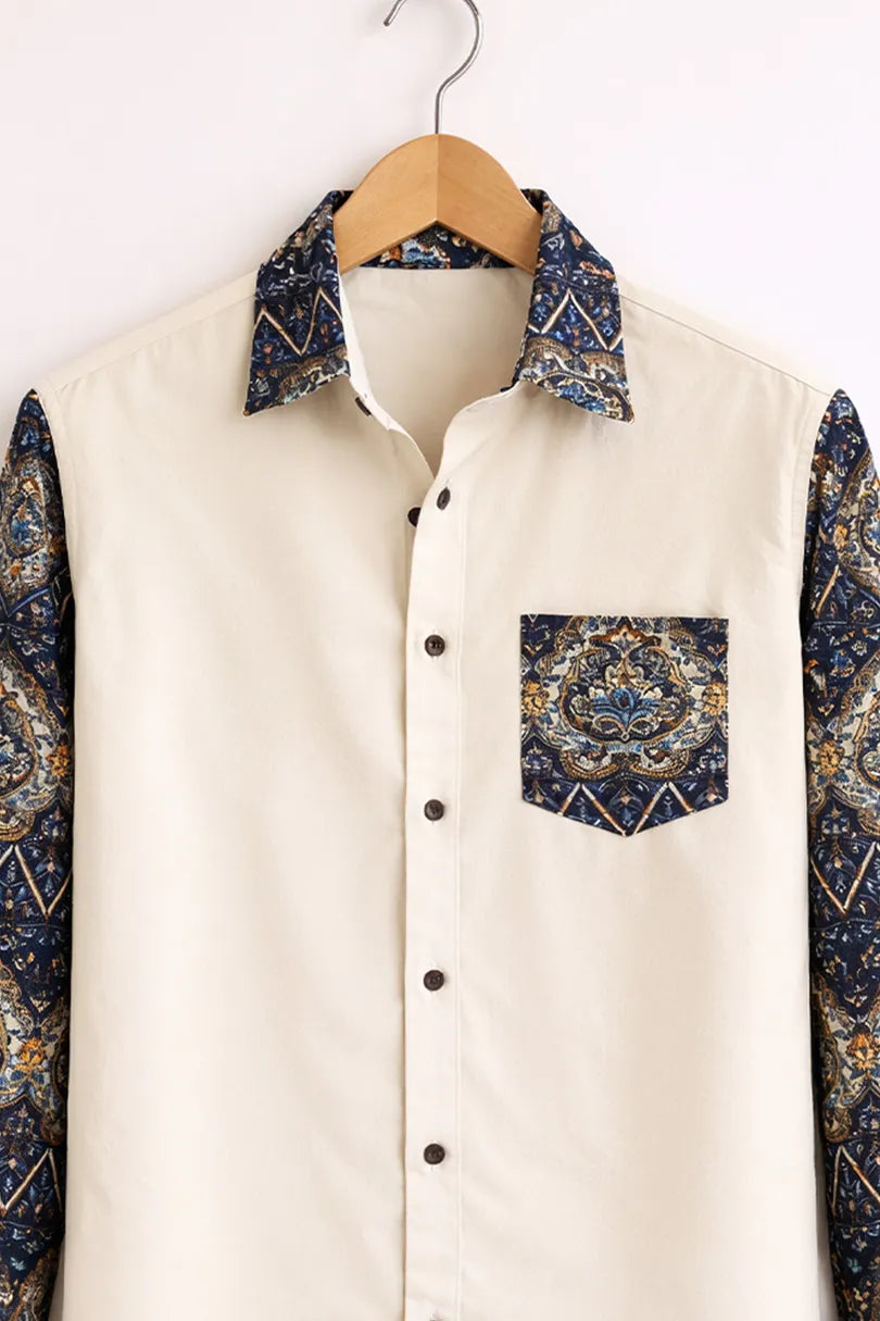 Buy HarbourStreets Luxury Cream Paisley Contrast Sleeve kanpur Style Shirt Online