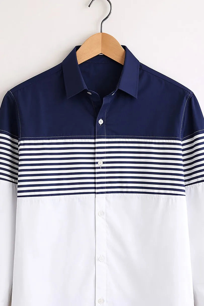 Buy HarbourStreets Navy & White Striped Panel Premium Full Sleeve Shirt Online In Assam