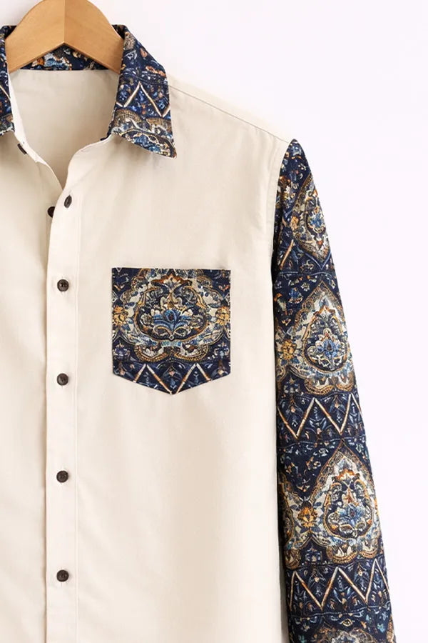 Buy HarbourStreets Luxury Cream Paisley Contrast Sleeve kanpur Style Shirt Online