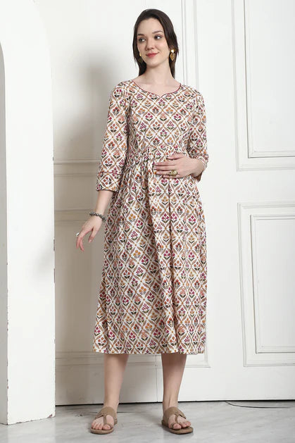 Beige Pure Cotton Floral Printed Kurti with Zipper for Women