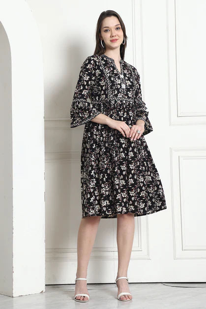 Black Trendy Pure Cotton Floral Printed Western Dress